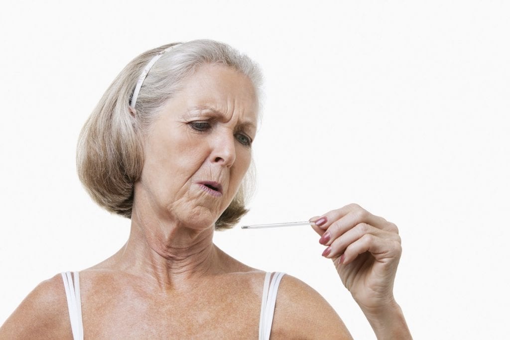 senior woman is checking thermometer for her body temperature as a vital sign.