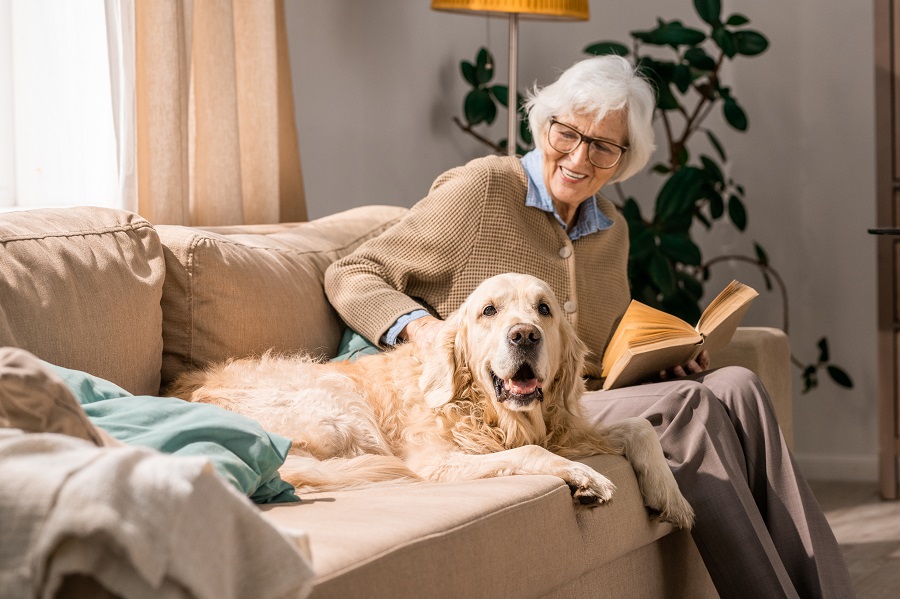 an elderly woman sitting by her pet on the sofa