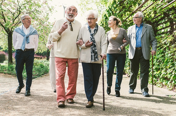 a group of entertained Seniors are walking in a park.