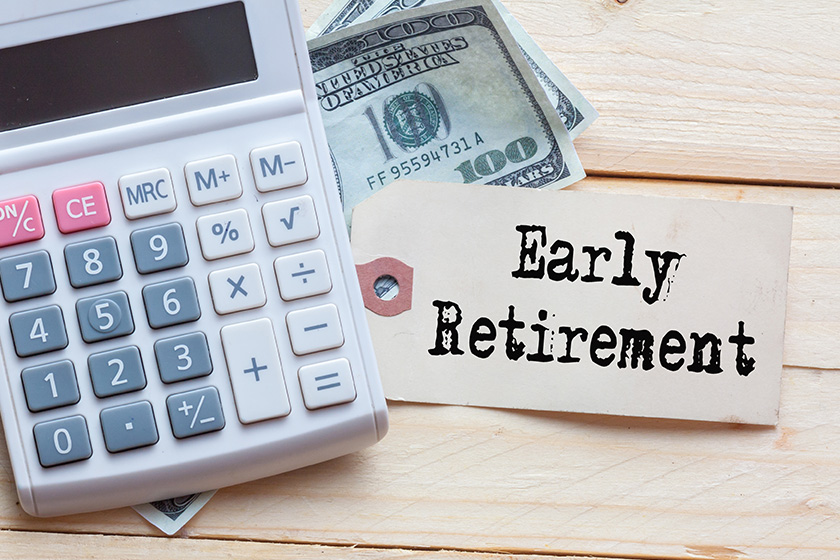 Close Shot of a Calculator, Two hundred dollar bills, and a ticket that reads "Early Retirement"