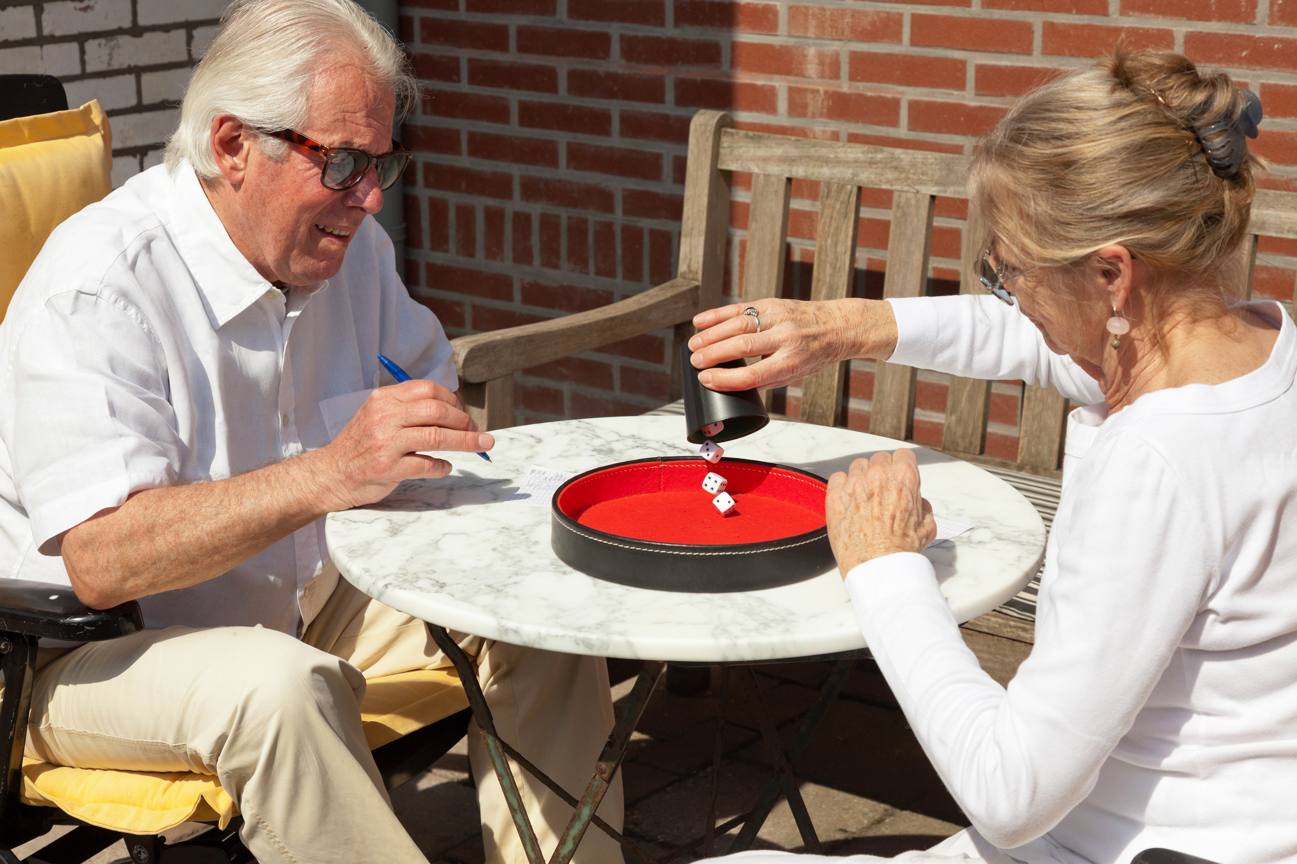 senior couple playing dice game