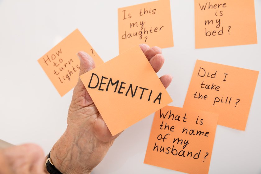 View of a senior woman's hands holding an orange stick note that reads "Dementia" while there are other stick notes with questions showing memory loss and dementia are stuck on the wall