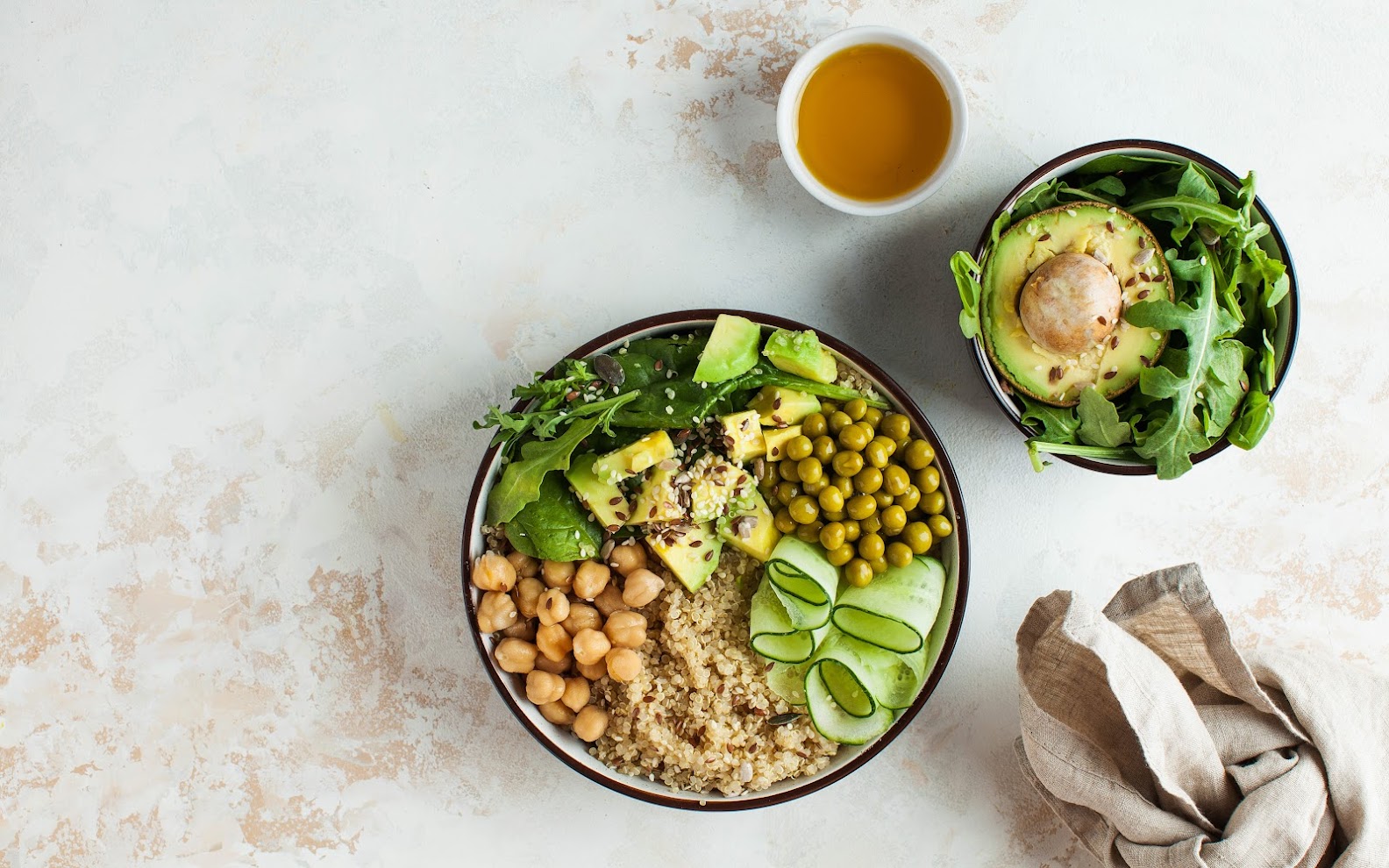 Healthy vegetable lunch from the Buddha bowl with quinoa, avocado, chickpeas. healthy food dish for vegetarians.