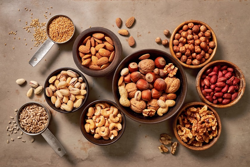 Assortment of nuts and seed on rustic table. Walnuts, cashew, almond, pistachio, hazelnut and peanut mix selection.